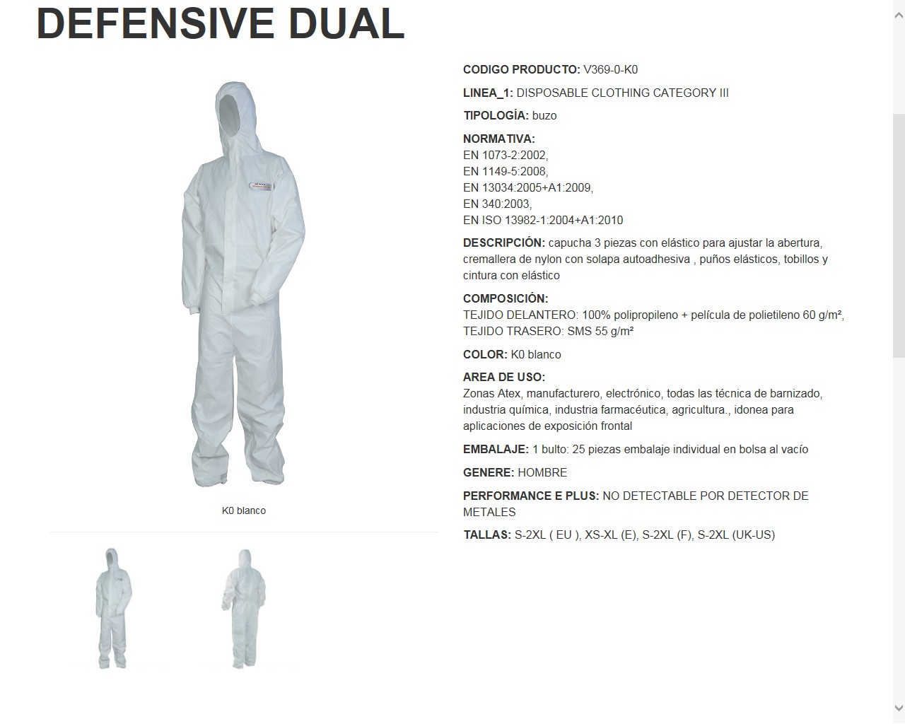 100026  BUZO DEFENSIVE DUAL  S-2XL ( EU ), XS-XL (E),