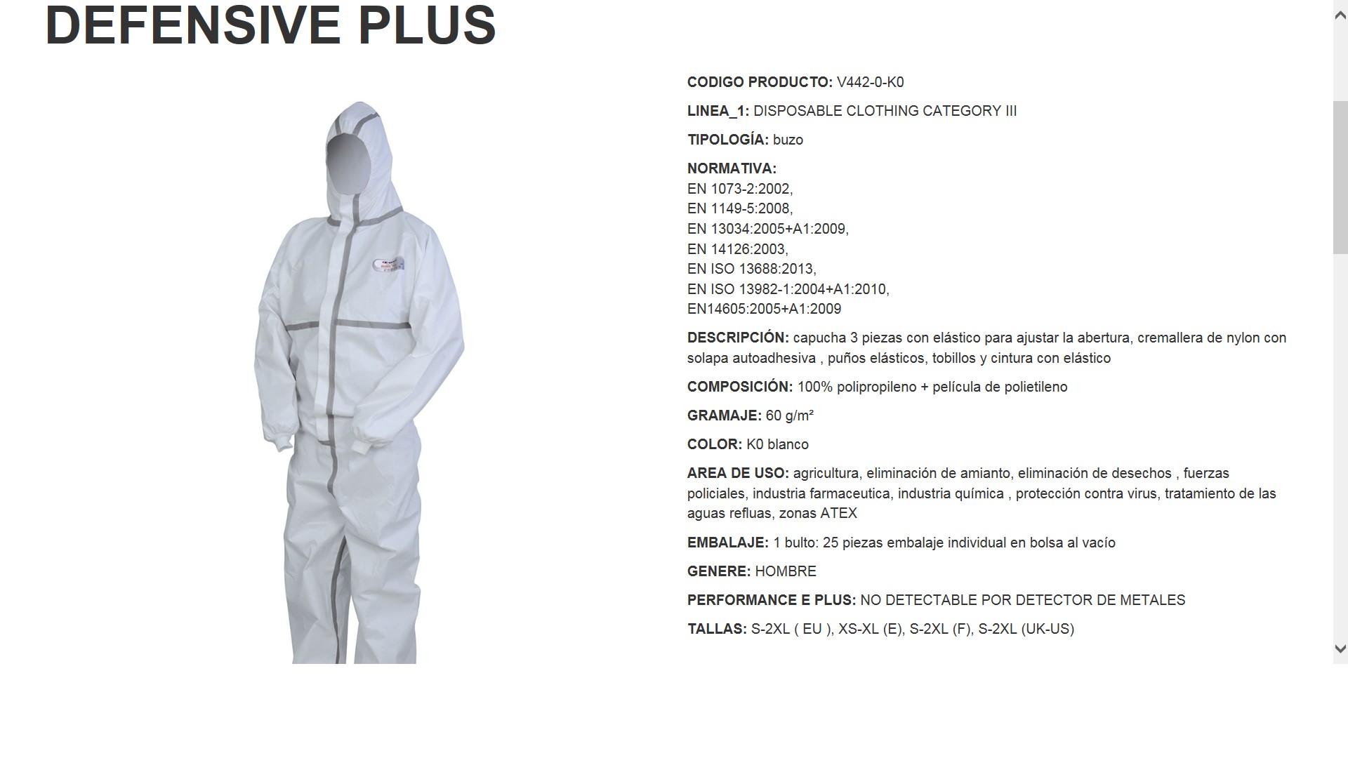 100027  BUZO DEFENSIVE PLUS 25 PZAS  S-2XL ( EU )