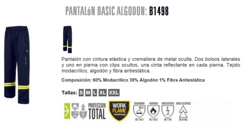 120498  PANTALON IGNIFUGO BASIC ALGODON: B1498