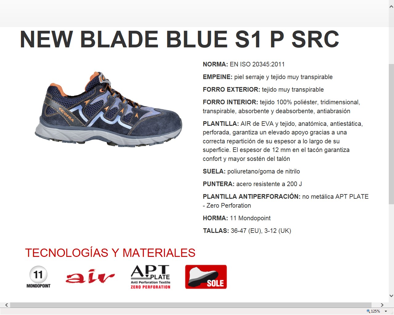 200089  ZAPATO NEW BLADE BLUE S1 P SRC  36-47 (EU), 3-12 (UK)