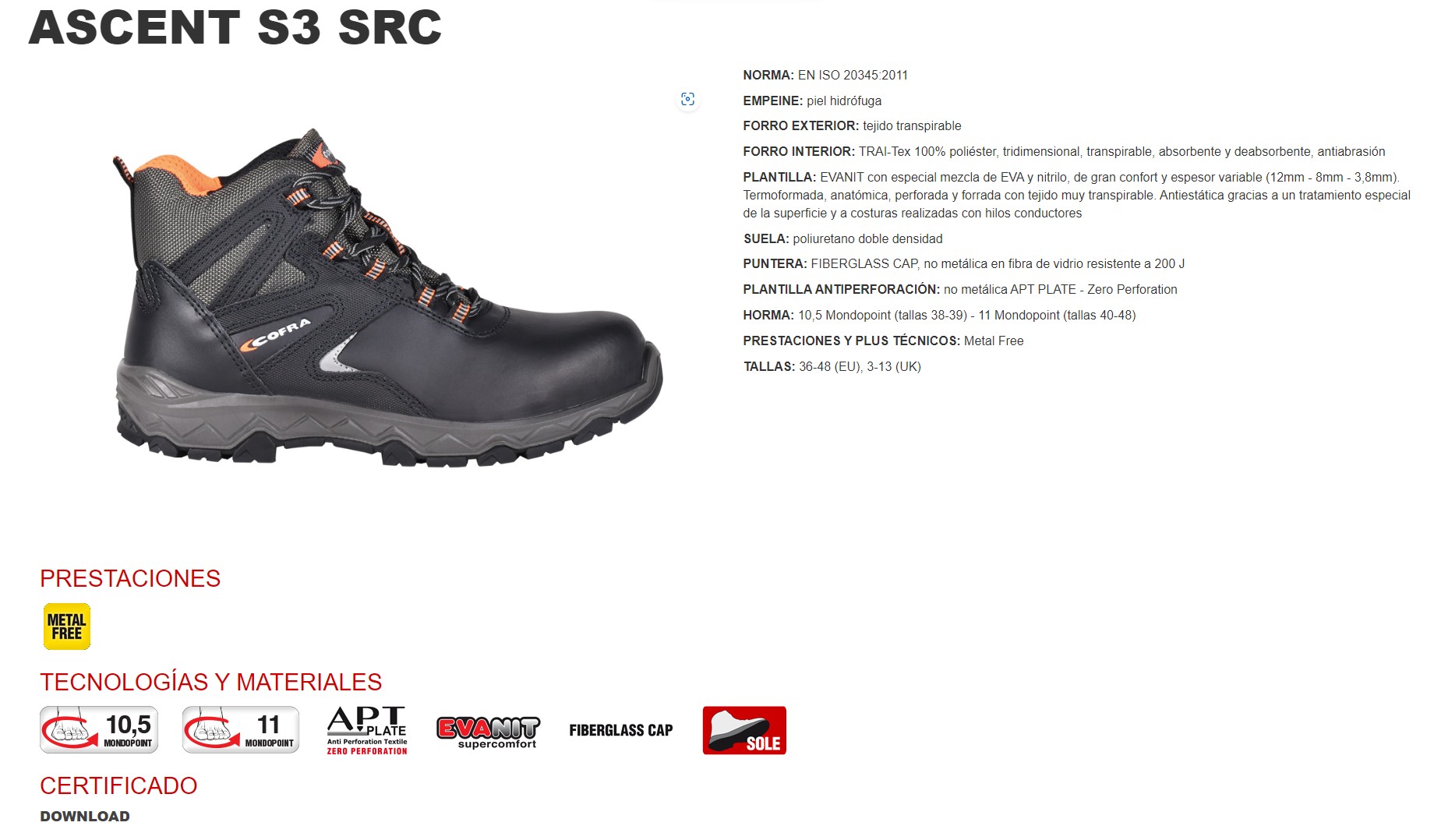 210070  BOTA ASCENT S3 SRC 36-48(EU)3-13(UK)