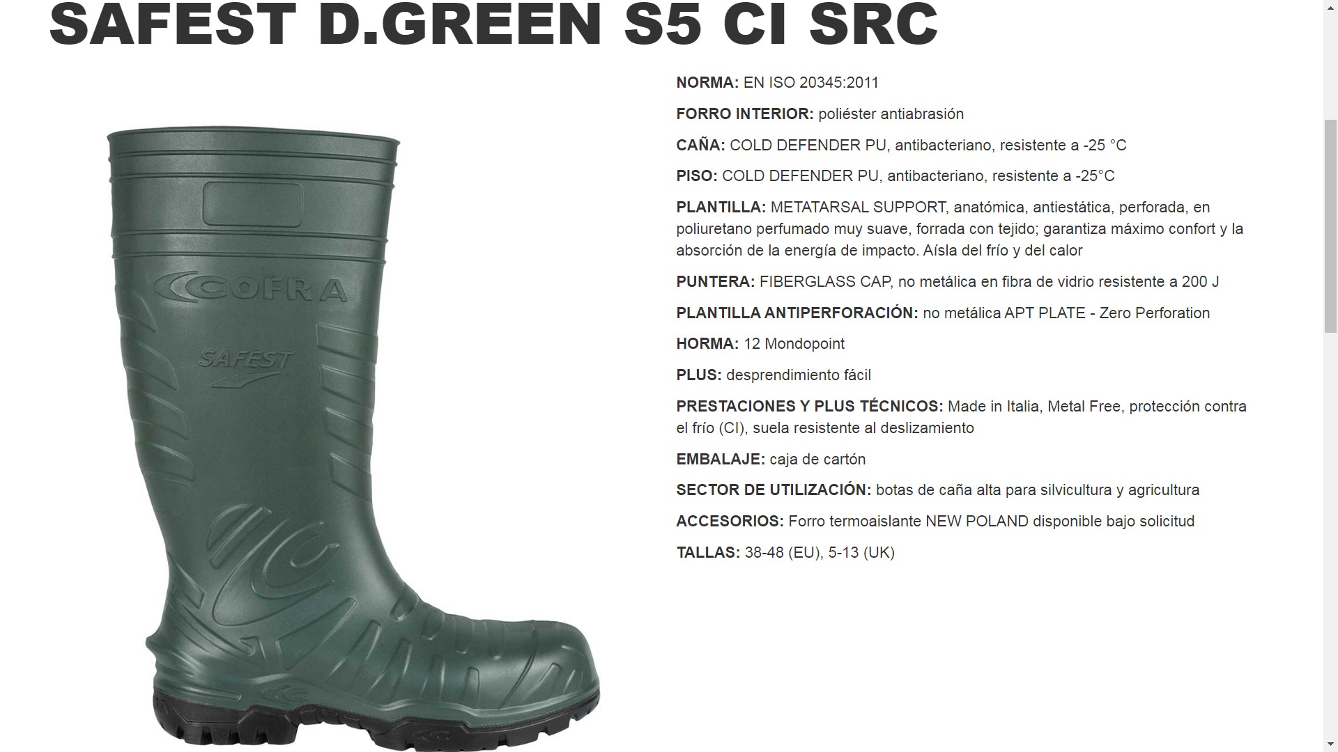 220103  Safest Green Bota S5 CI SRC PU -25ºC  38--48