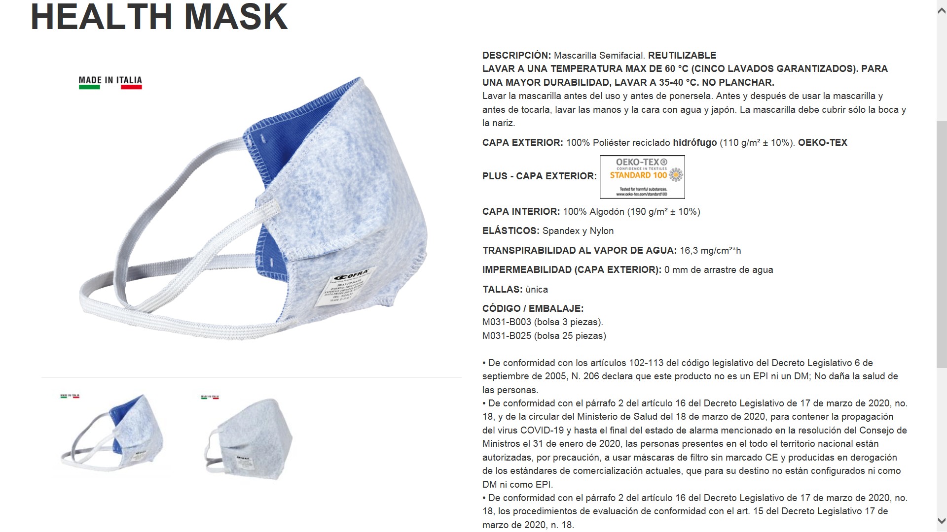 320960  MASCARILLA HEALTH MASK TELA 2 CAPAS   BOLSAS DE 25 UND