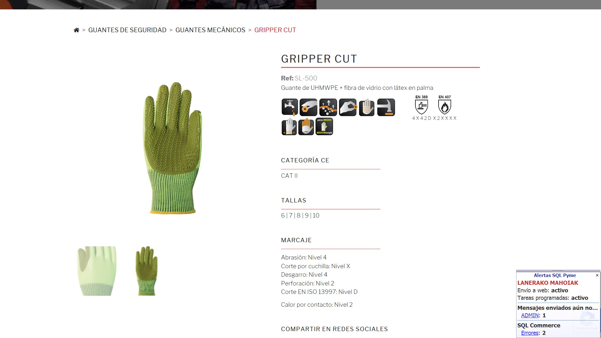 440031  GUANTE GRIPPER CUT-R SL501 UHMWPE + fi vd LATEX  T/ 6-10