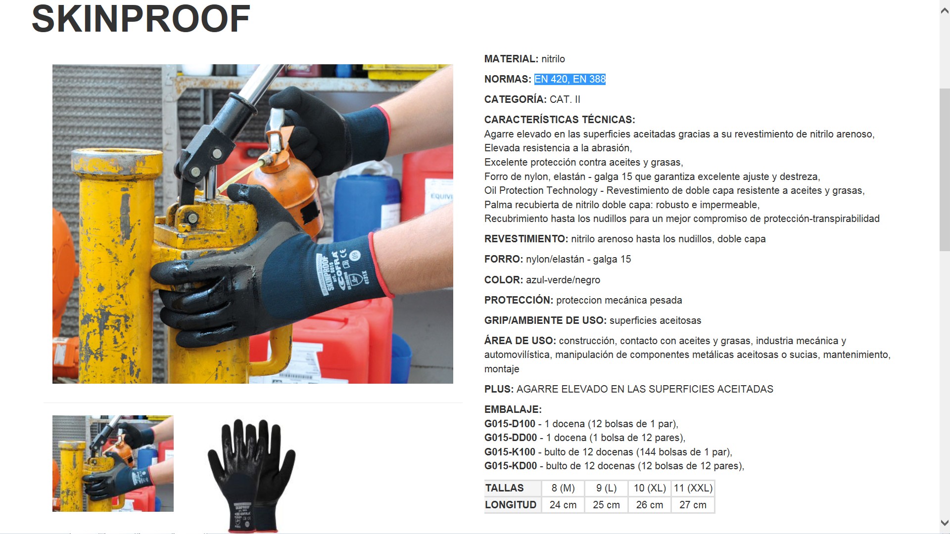 440109  GUANTE SKINPROOF EN 420, EN 388 CII CE(P-12UND) 8/M - 11/2XL